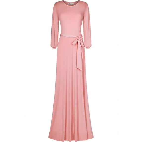 Bon Rosy, Women's, Solid Cuffed Long Sleeve Round Neck Maxi A-Line Dress, Blush, L