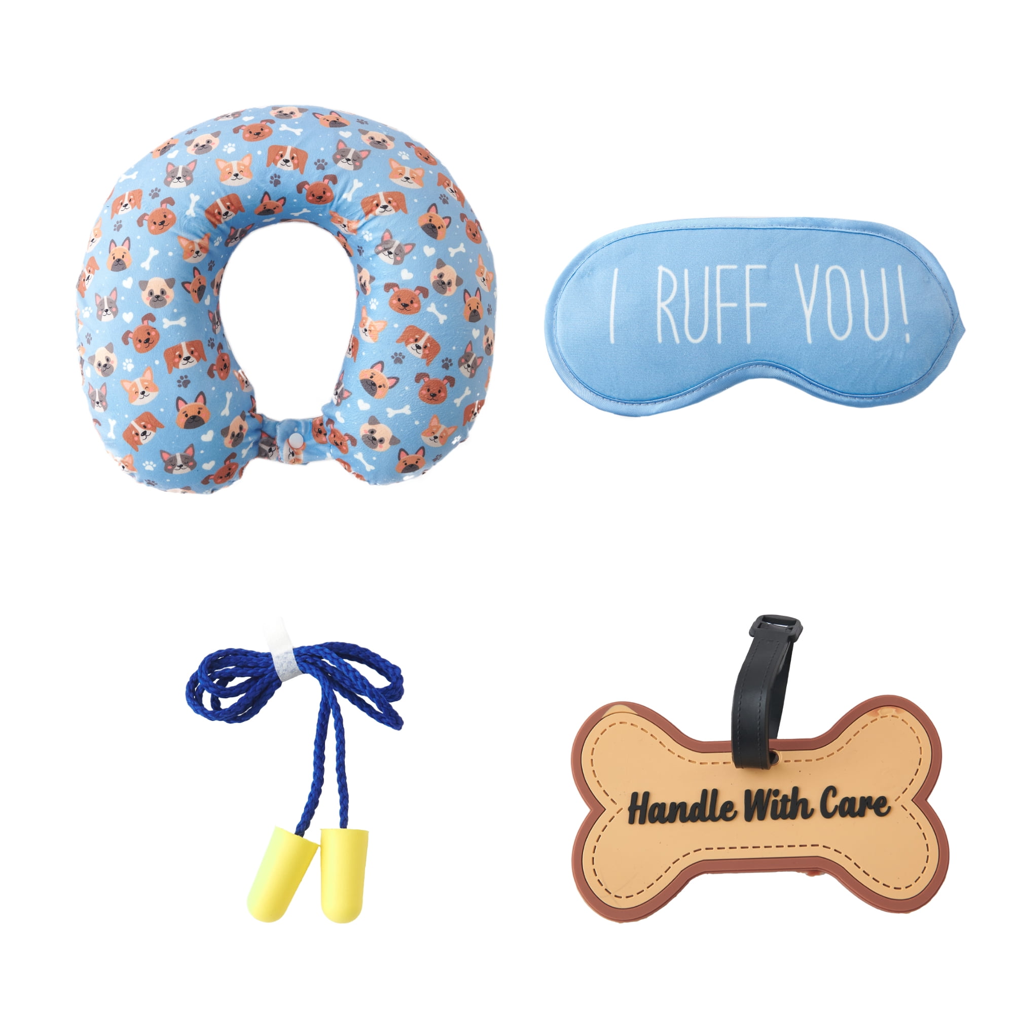 Bon Voyage® 4-Piece Travel Set: Memory Foam Pillow, Eye Mask, Luggage Tag, Ear Plugs - Dog Theme