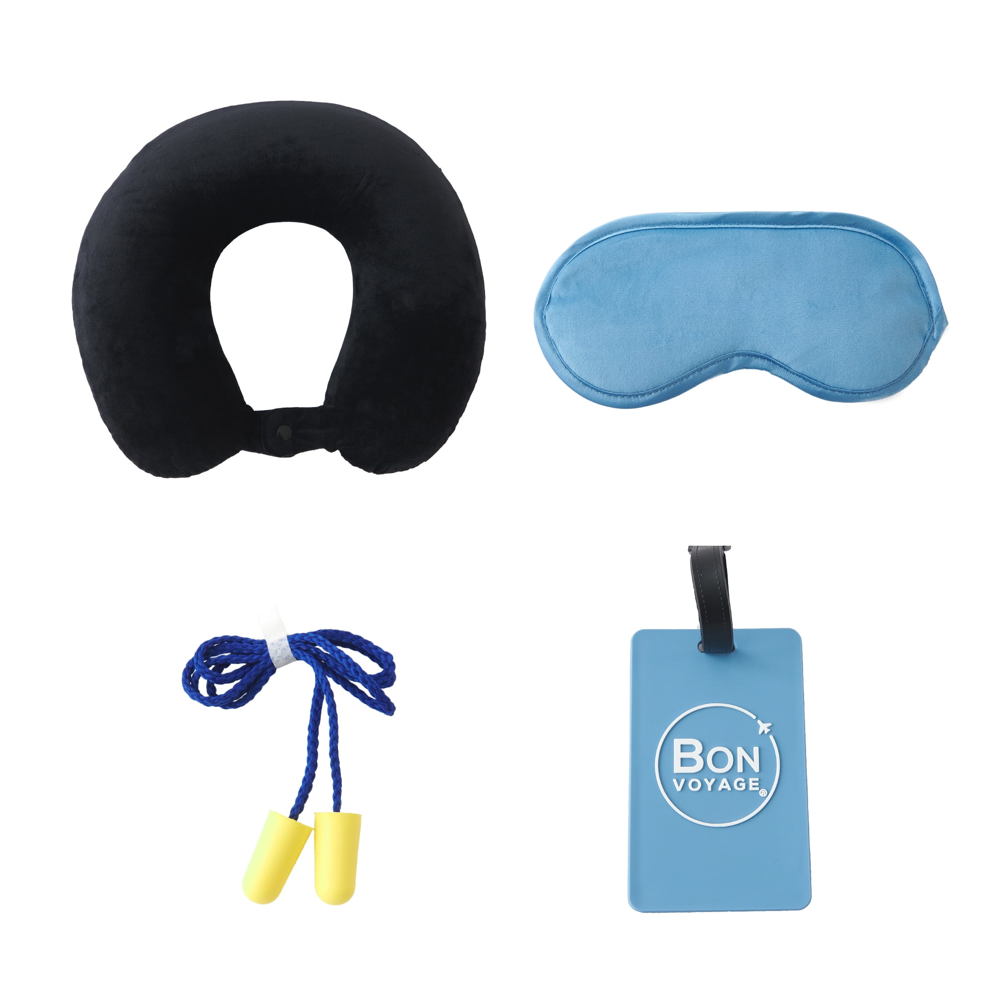 Bon Voyage® 4-Piece Travel Set - Memory Foam Travel Neck Pillow, Eye Mask, Luggage Tag, & Ear Plugs, Black