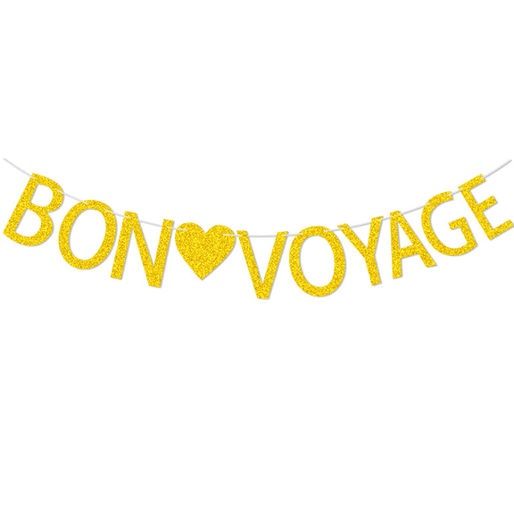 Bon Voyage Banner, Gold Glitter, Going Away Party Decoration, Farewell Theme