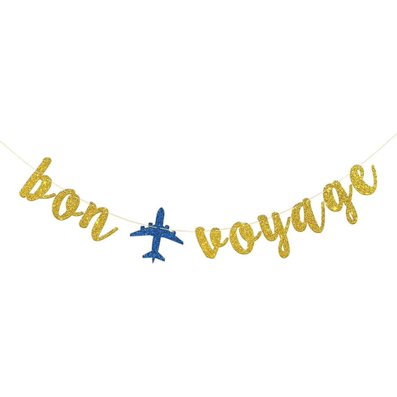 Bon Voyage Banner - Travel Theme Party Bunting Supplies - Job Change - Retirement - Moving - Farewell Party Decorations - Gold Glitter