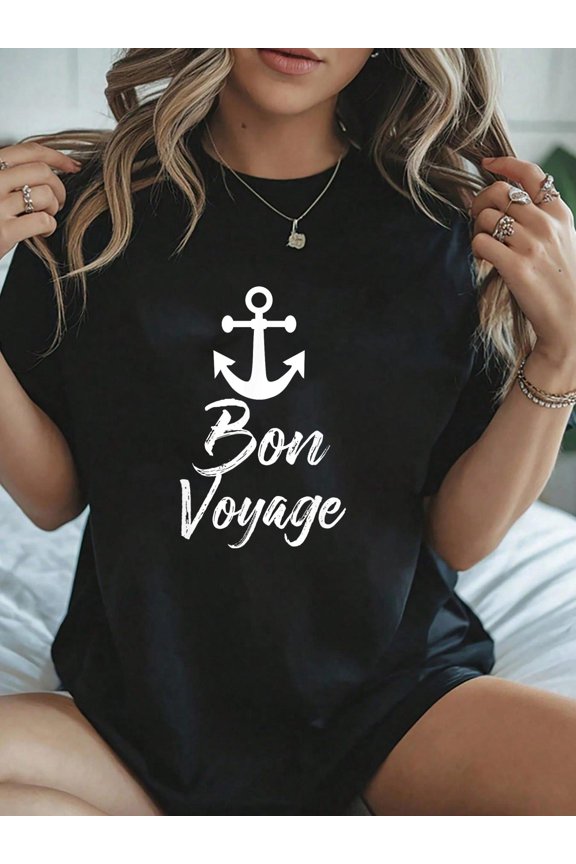 Bon Voyage Nautical Anchor Cruise Ship Graphic For Cruisers T-Shirt - Breathable Casual Short Sleeve Top for Spring & Summer, Soft 100% Cotton, 230g, 1pcs