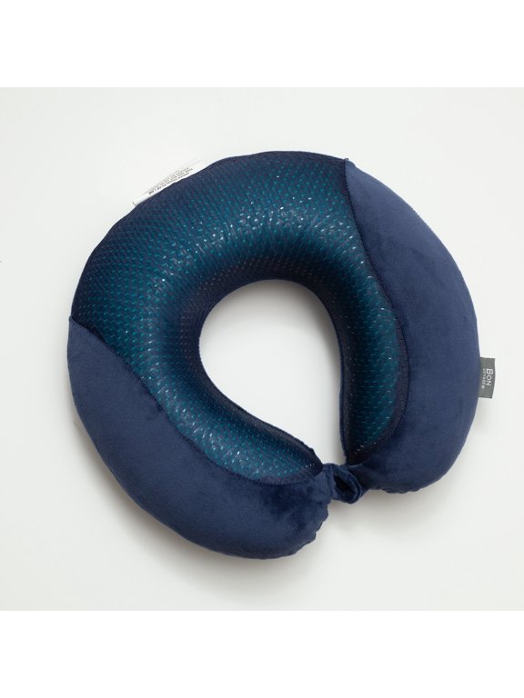 Refreshing Cooling Gel Memory Foam Travel Neck Pillow with a Snap Button, Navy Blue
