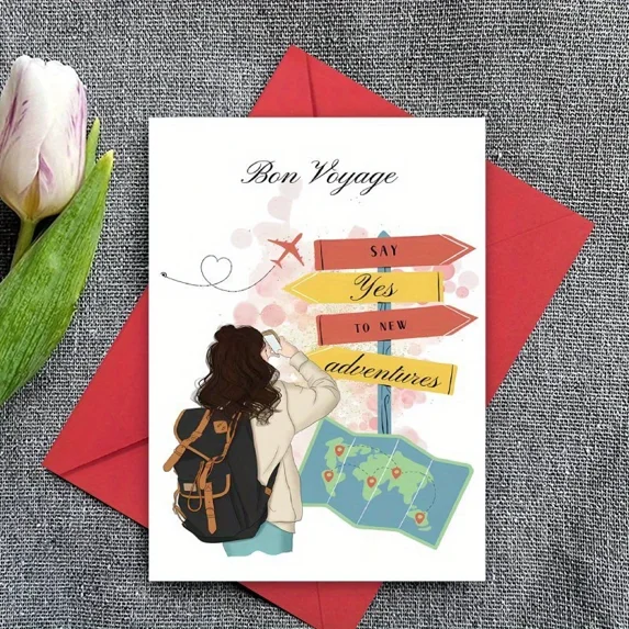 Bon Voyage Travel Card – Inspirational “Say Yes to New Adventures” Design – Perfect for Farewell, Graduation, or Going Away Gift – Envelope Included