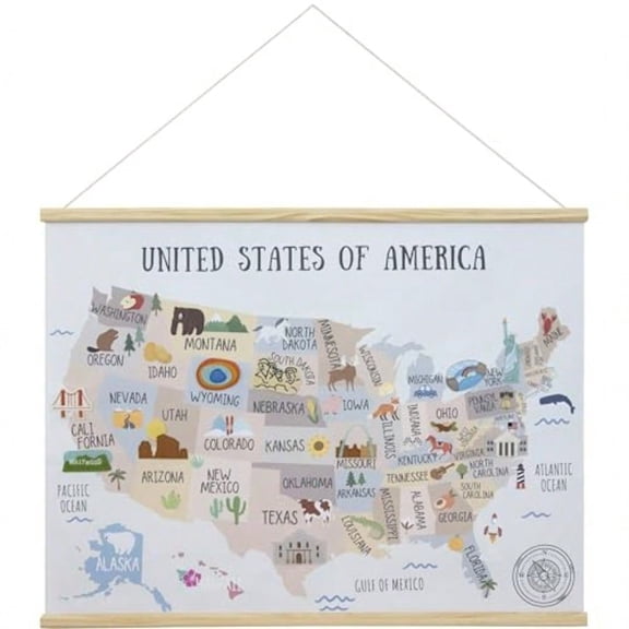 Bon et Beau 32 x 24 Inch Embroidered USA Map Poster for with Wood Hanger Neutral Wall Decor for Boys and Girls Nursery Bedroom and Playroom