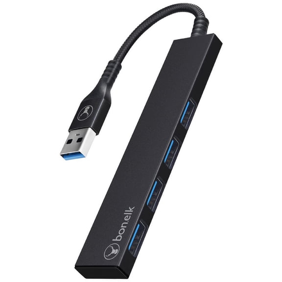 BonElk Long-Life USB-A to 4-Port USB 3.0 Slim Hub - Black