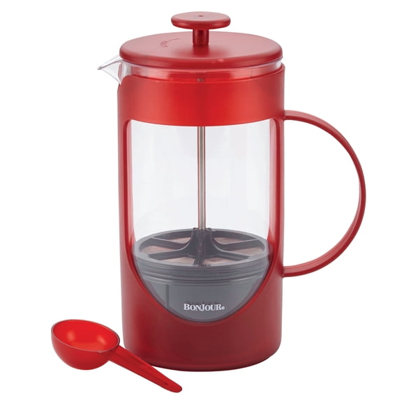 BonJour Coffee 8 cup 40 Ounce Unbreakable Plastic French Press with Lock and Toss Filter, Red