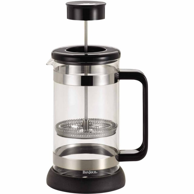 BonJour Coffee Borosilicate Glass French Press with Coaster & Scoop, 33.8Ounce, Riviera, Black