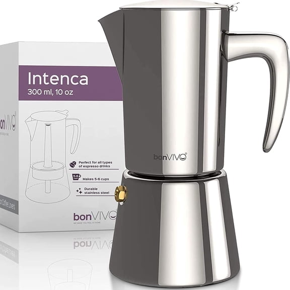 BonVIVO Intenca Stovetop Espresso Maker - Luxurious, Stainless Steel - Chrome, 10oz