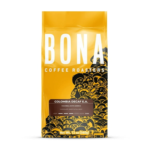 Bona Coffee Roasters, Colombia Decaf, Roast Medium, 12oz, Notes: CHOCOLATE, SWEET, FULL BODY
