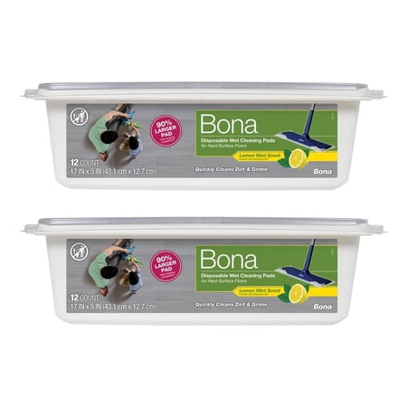 Bona Hard-surface Floor Wet Disposable Cleaning Pads, Lemon Mint Scent (12 Count) (2-Pack)