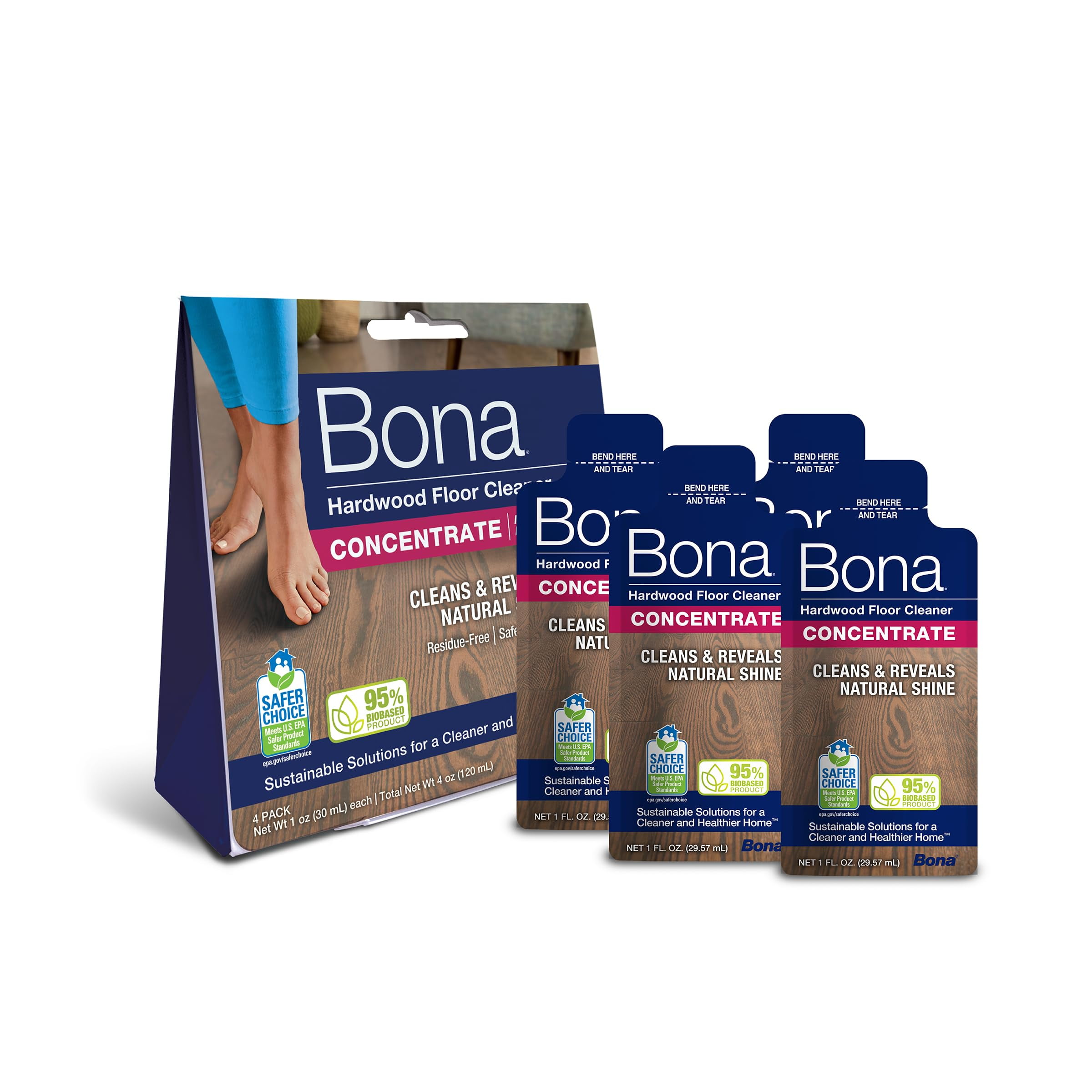 Bona Hardwood Floor Cleaner Concentrate - 1 fl oz - 4-Pack - Residue-Free Floor Cleaning Solution for Bona Spray Mop and Spray Bottle Refill - For Wood Floors