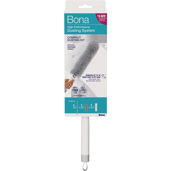 Bona High Performance Dusting System - 1 Compact Handle, 5 Disposable Dusters, & 1 Reusable Duster - Compact Dusting Kit Removes Dust & Pet Hair