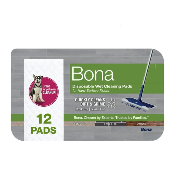 Bona Multi-Surface Floor Disposable Wet Cleaning Pads, for Stone Tile Laminate and LVT/LVP, 12 Count