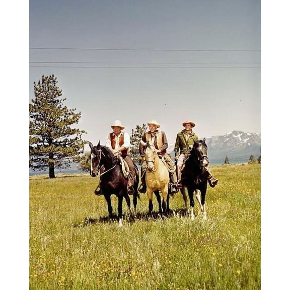 Bonanza Michael Landon Lorne Greene Dan Blocker on horseback riding range 8x10