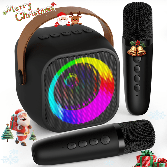 BONAOK Mini Karaoke Machine for Kids, Portable Bluetooth Karaoke Speaker with 2 Wireless Microphones for Girls Boys Family Home Party, Black