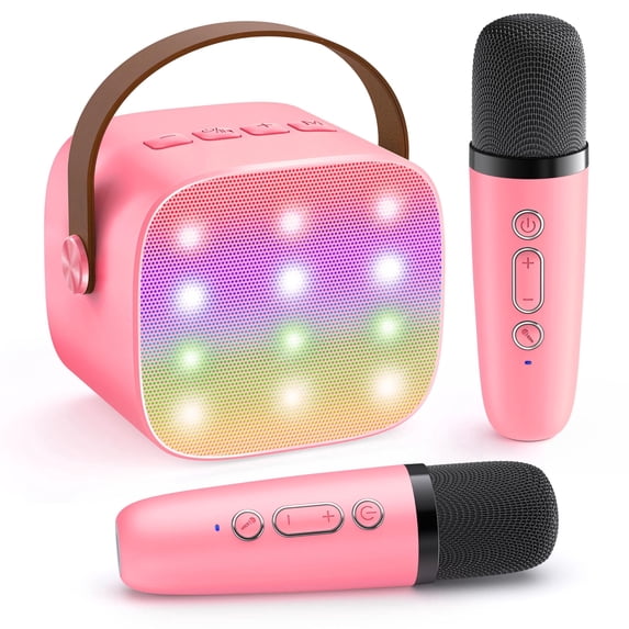 Bonaok Mini Karaoke Machine for Kids, Portable Speaker with 2 Wireless Microphones for Singing, Gift for 4-12+ Years Old Girls, Light Pink