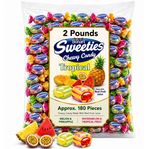 Bonart Sweeties Tropical Fruit Flavors, Individually Wrapped, Made with Real Fruit Juice, Bulk Chewy Candy (2 Pounds)