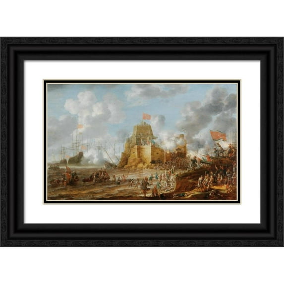 Bonaventura Peeters the Elder 18x13 Black Ornate Wood Framed Double Matted Museum Art Print Titled - A Coastal Landscape with Turkish Soldiers Attacking a Christian Fortress (1646)