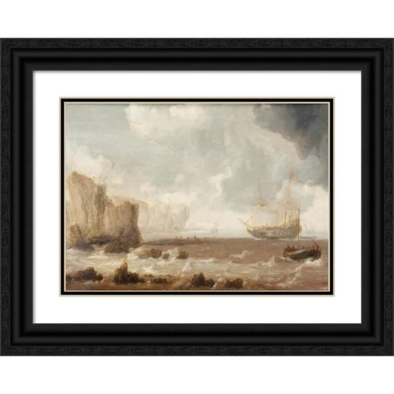 Bonaventura Peeters the Elder 18x14 Black Ornate Wood Framed Double Matted Museum Art Print Titled - A Dutch Battleship and Sailing Boats in Choppy Seas Near a Rocky Coast