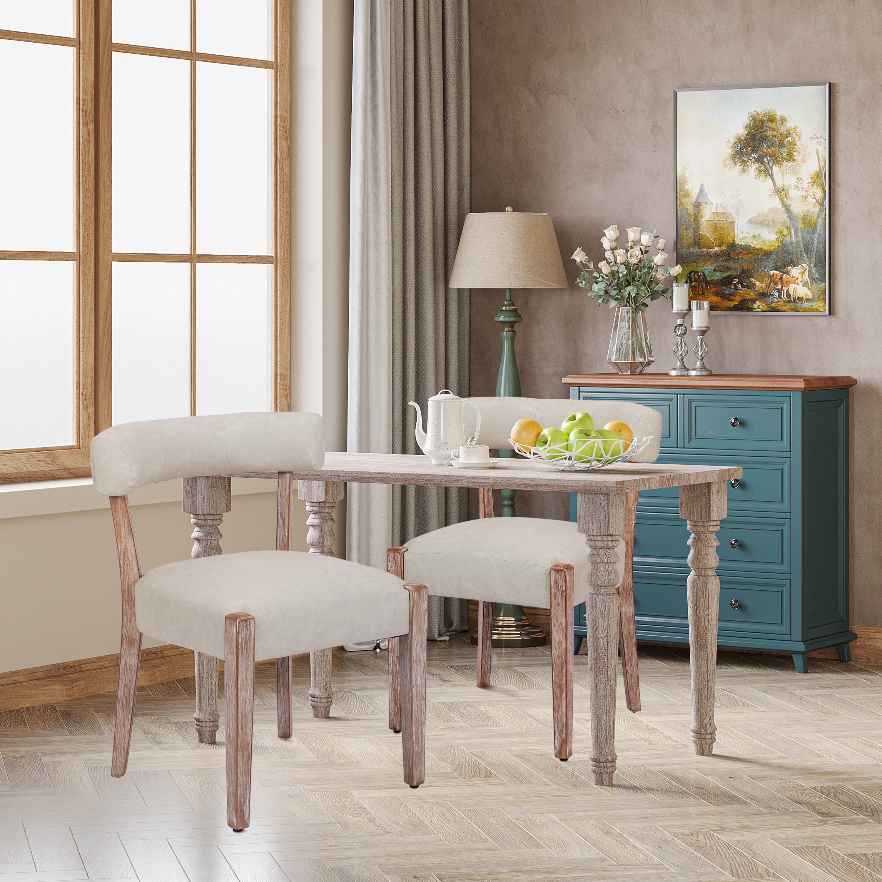 Bonbeur Modern Kitchen Dining Chairs Set of 2, Beige Faux Leather Cushion Seat with Solid Rubberwood Legs
