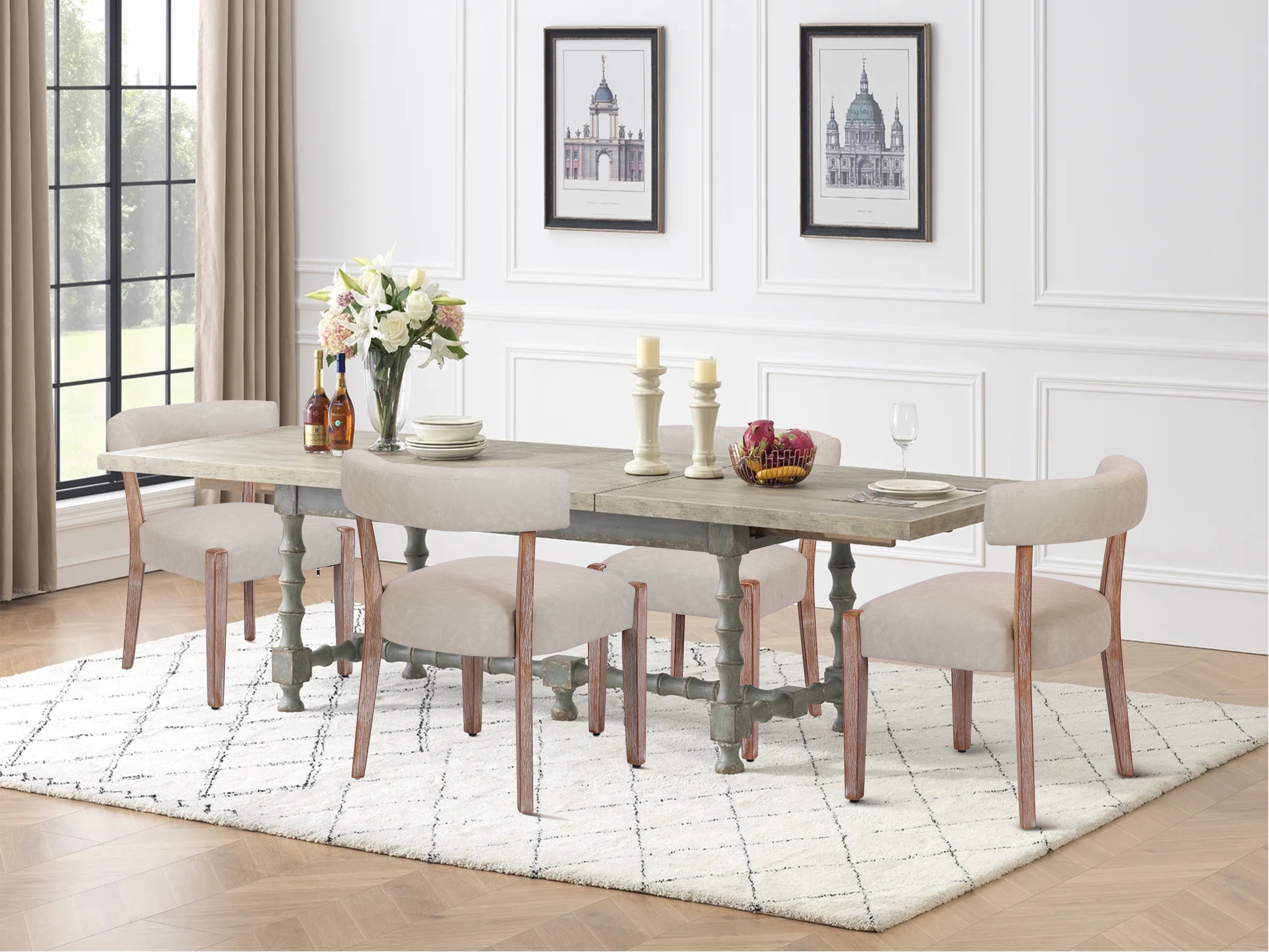 Bonbeur Modern Kitchen Dining Chairs Set of 4, Beige Faux Leather Cushion Seat with Solid Rubberwood Legs