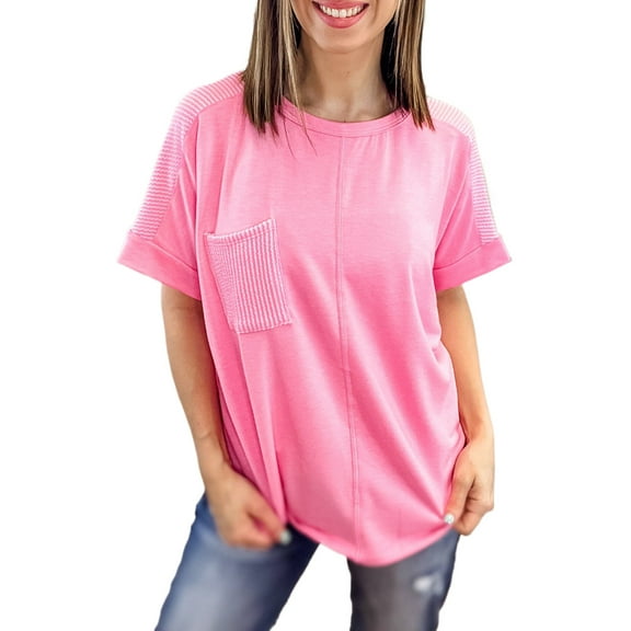 Bonbon Corded Patchwork Plus Size T-Shirt with Pocket - Trendy Casual Top for Women | [ZhiHiMeRi] | (US 14W-16W)1X