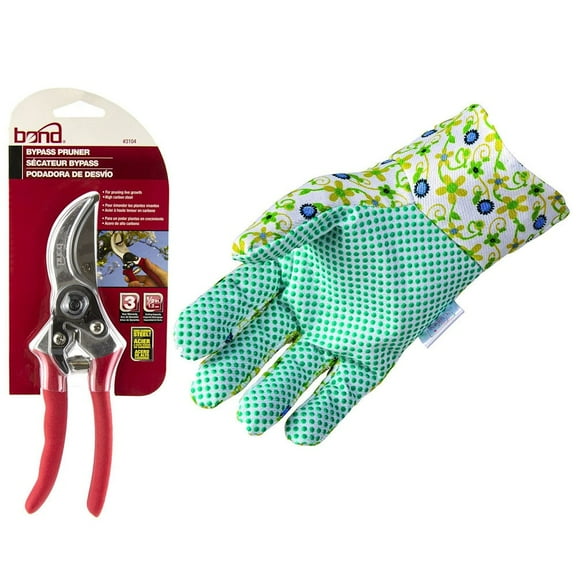 Bond Carbon Steel Bypass 8" Pruner with Garden Women's Floral Gloves, Green