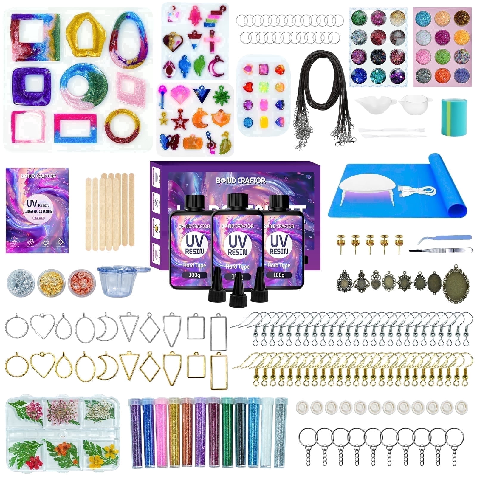 Bond Craftor 300g UV Resin Jewelry Making Kit, Crystal Clear with UV Light, Molds & Accessories for Diy Earrings Necklace Keychain Pendant Crafts