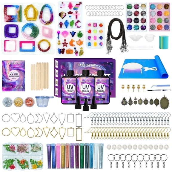 Bond Craftor 300g UV Resin Jewelry Making Kit, Crystal Clear with UV Light, Molds & Accessories for Diy Earrings Necklace Keychain Pendant Crafts