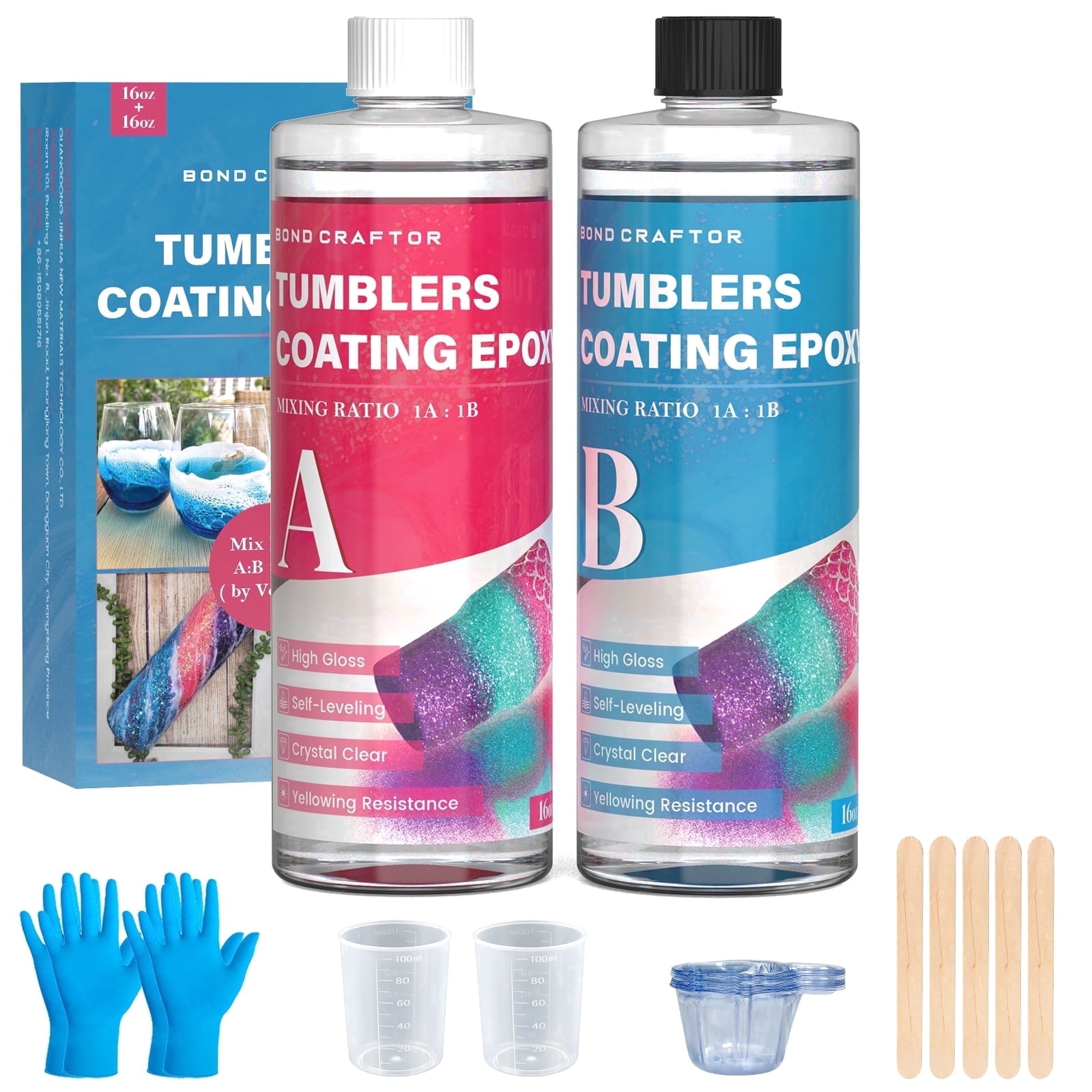 Bond Craftor 32oz Tumbler Coating Epoxy Resin Kit, Crystal Clear Fast Cure Formula, UV Resistant & Low Odor, Easy 1:1 Mix for Cups and Mugs