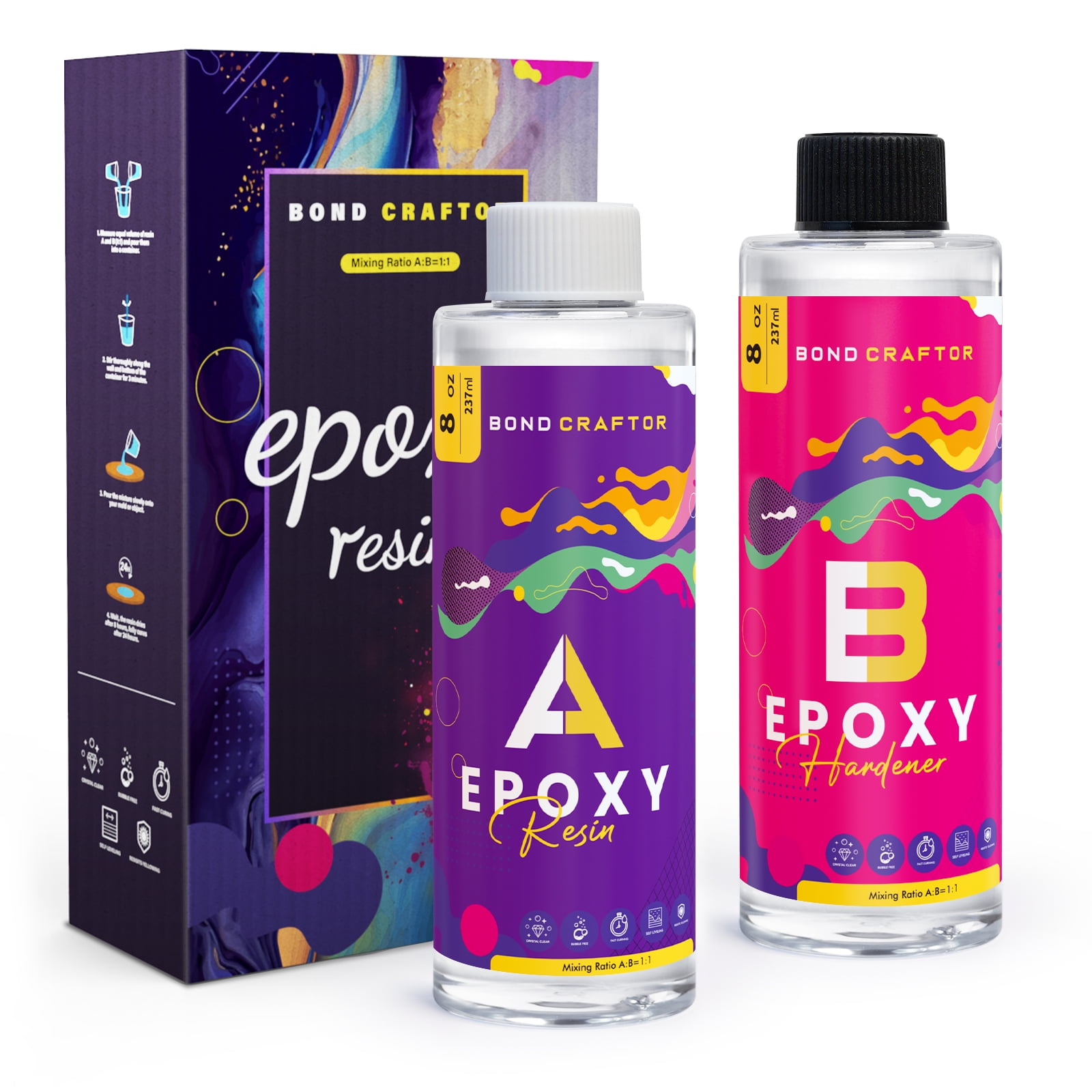 Bond Craftor Clear Epoxy Resin Kit, Easy Mix 1:1 Casting and Coating for DIY Molds, Jewelry, 16oz