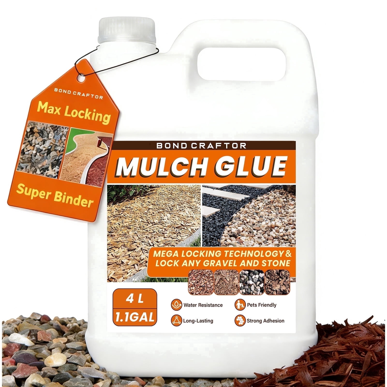 Bond Craftor Mulch Glue, 1.1 Gal Pet Friendly Non-Toxic Gravel Binder for Garden Walkways Landscaping