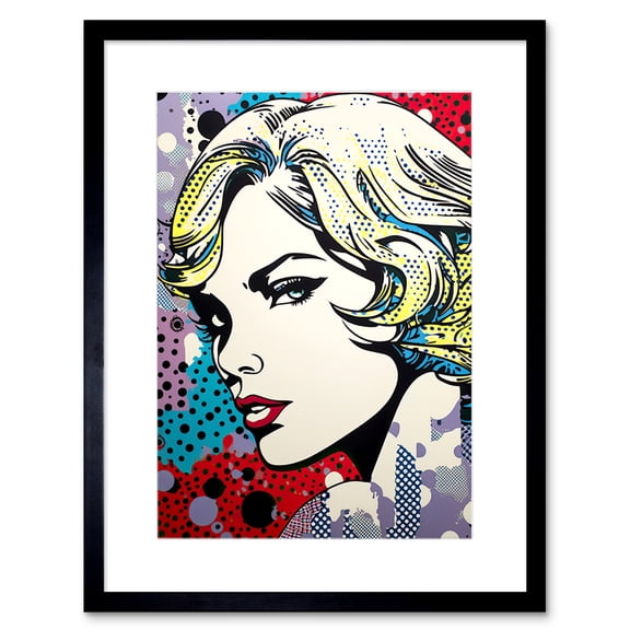 Bond Girl Comic Book Style Purple Blue Red Polka Dot Pattern Portrait Halftone Artwork Framed Wall Art Print 9X7 Inch
