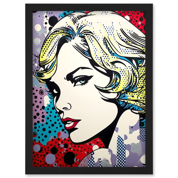 Bond Girl Comic Book Style Purple Blue Red Polka Dot Pattern Portrait Halftone Artwork Framed Wall Art Print A4