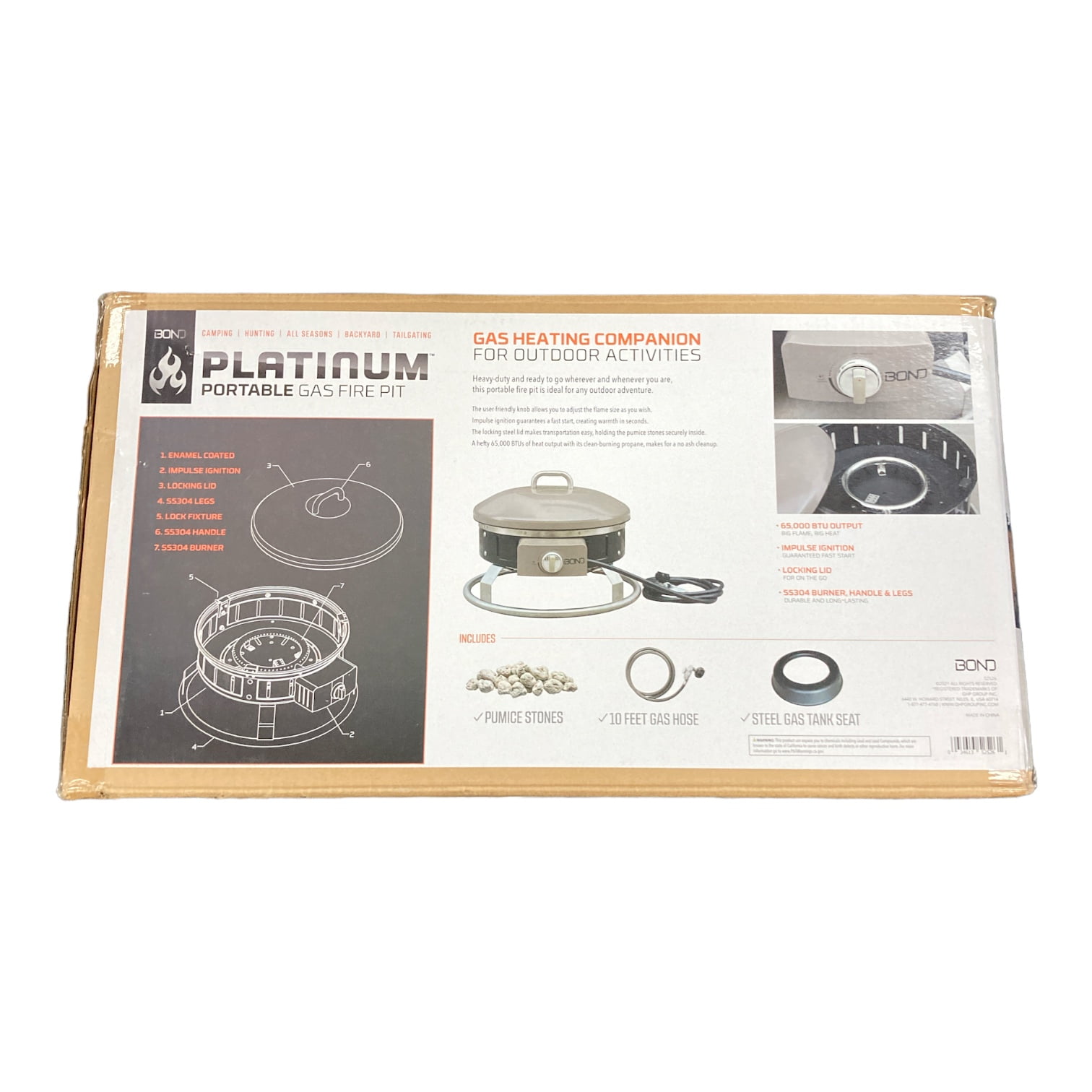 Bond Platinum Portable Gas Fire Pit 65,000 BTUs with Stones, Gas Hose