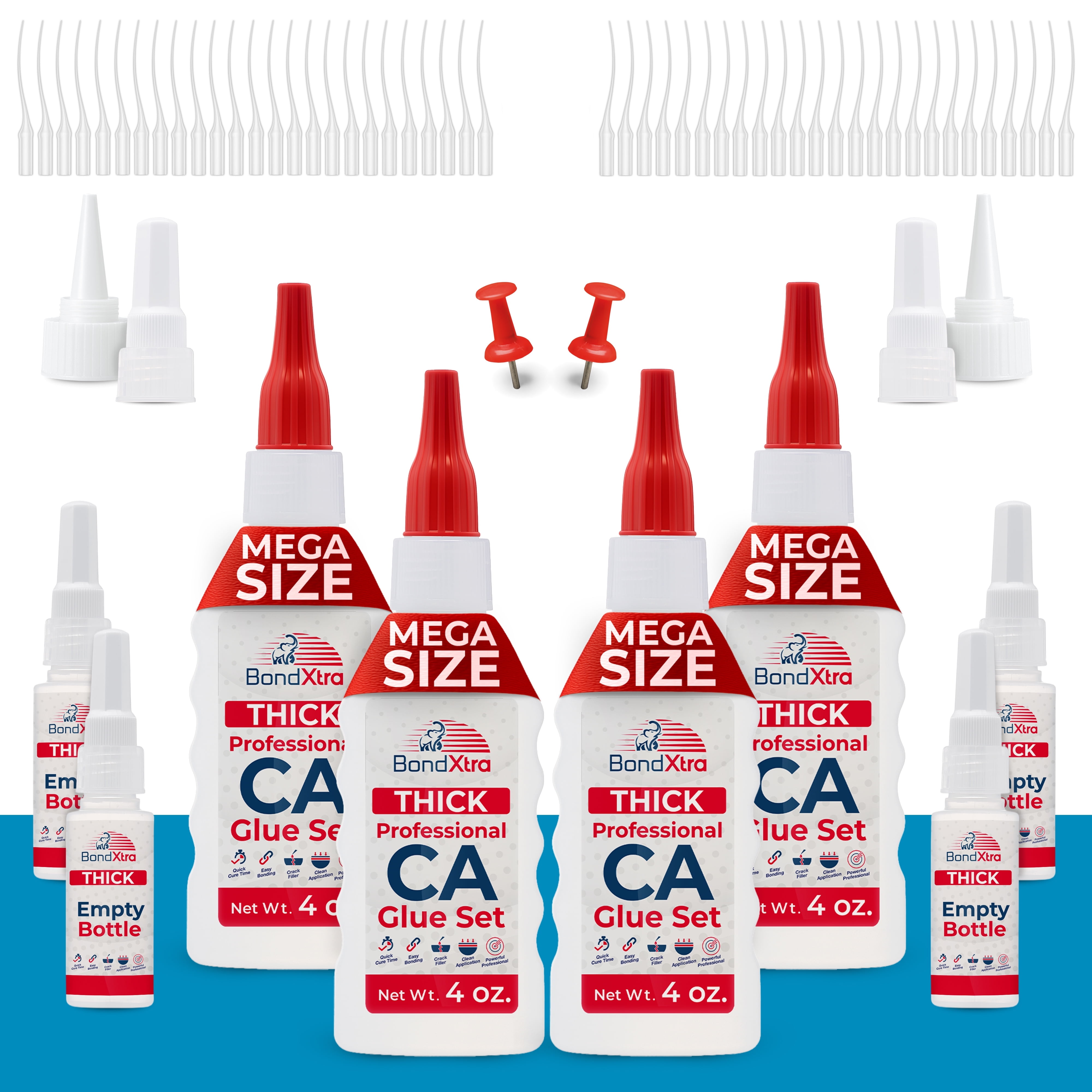 BondXtra Super Glue Kit, Thick Viscocity, Premium CA Clear Nail Glue with Extra Bottles, Caps and Microtips, Acrylic Nail Kit for Home Improvement, Plastic, Wood and DIY Craft, 16 oz