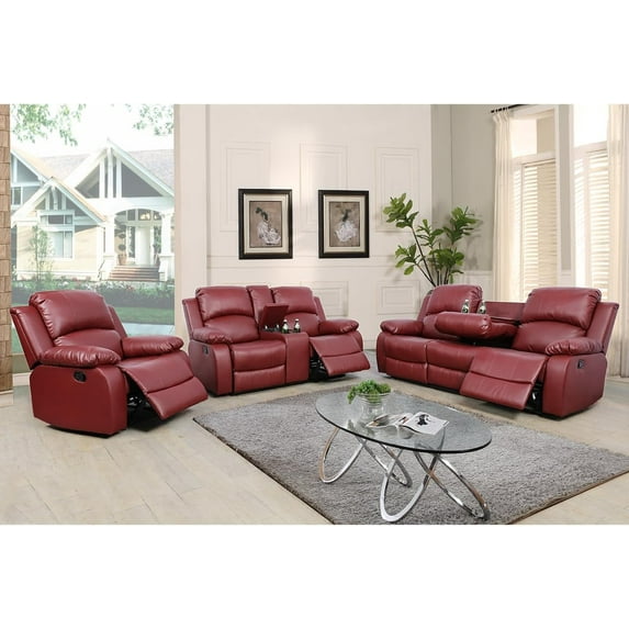 Bonded Leather 3 Pieces Reclining Sofa Set (Loveseat, Sofa) with Storage and Dropdown Coffee Tables, Red