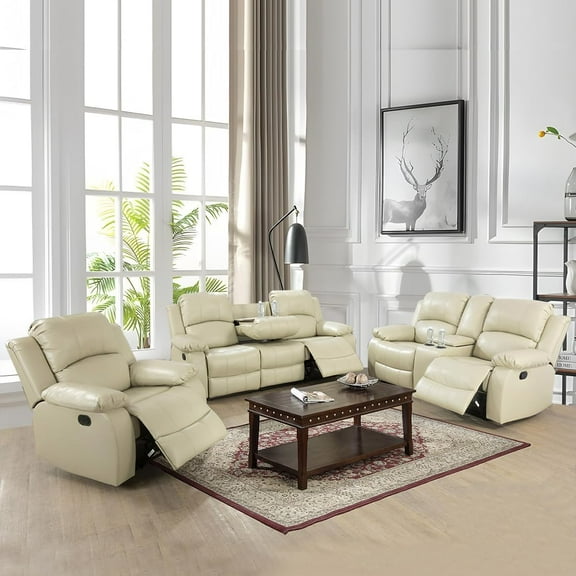 Bonded Leather Living Room Furniture Set Reclining Sofa Set Loveseat Furniture Sets in Living Room Sofa Recliners (3 Pieces, Beige)