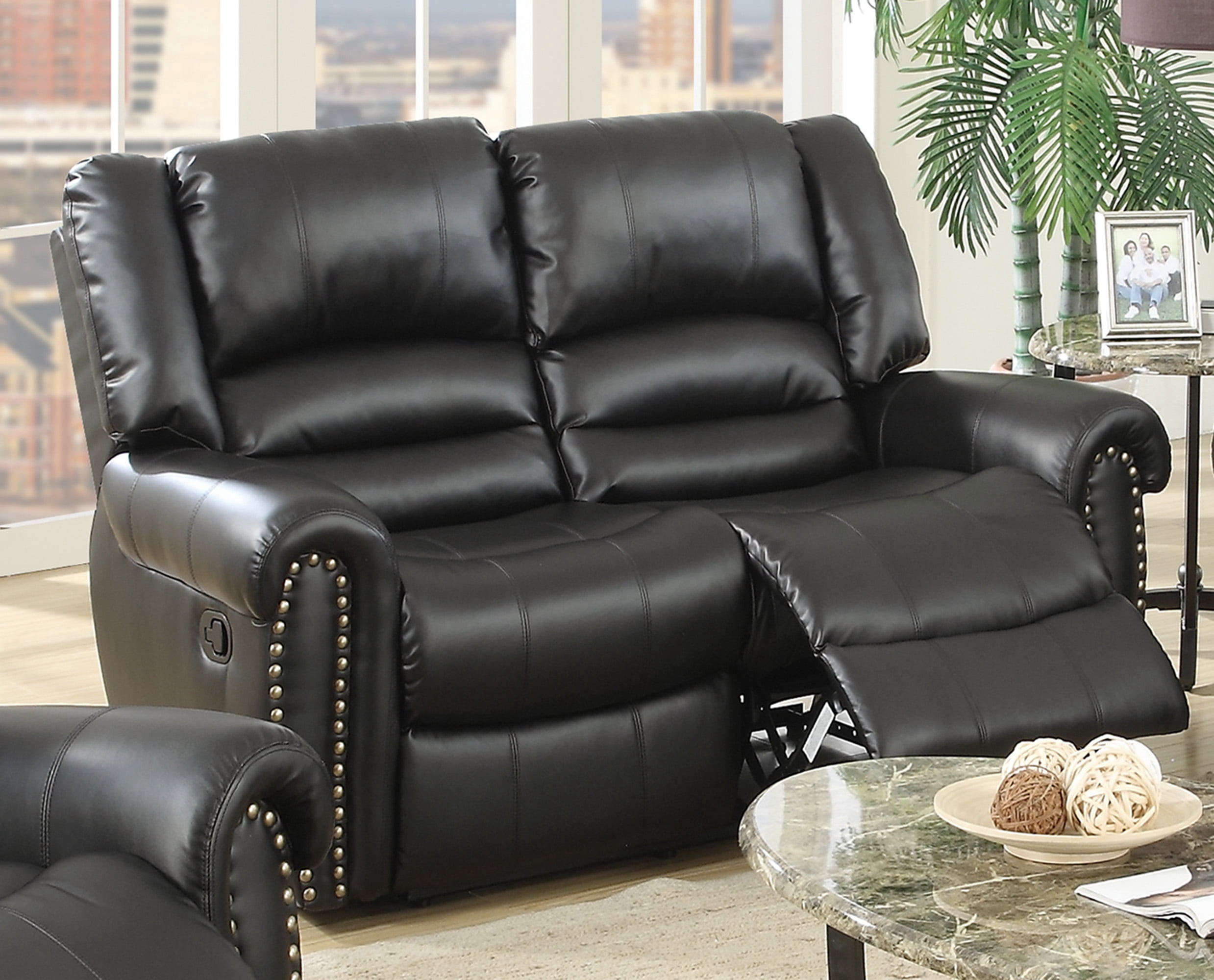 Poundex Faux Leather Manual Motion Recliner Loveseat in Black