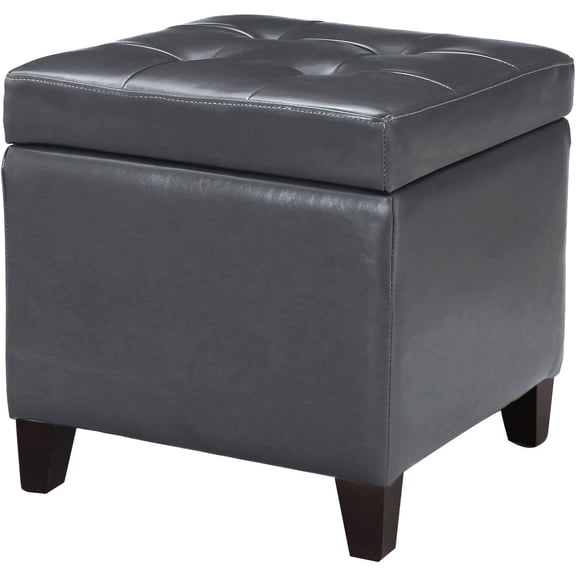 Bonded Leather Square Tufted Cubic Cube Storage Footstool, 18" Inch Ottomans & Storage Ottomans, With Lid, Dim Gray