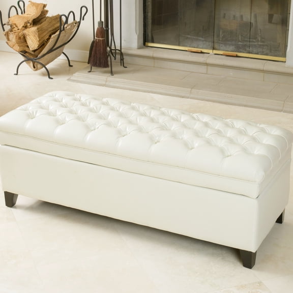 Bonded Leather Storage With Elegant Tufting And For Pillows, Blankets - Neutral Color, Finish Legs