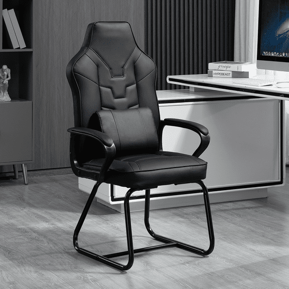 Bonded Leather Waiting Room Guest Reception Chair Executive Side Chair Conference Chair with Armrest, High Back Support Office Desk Chair with Solid Metal Frame, 300 lb. Capacity, Black