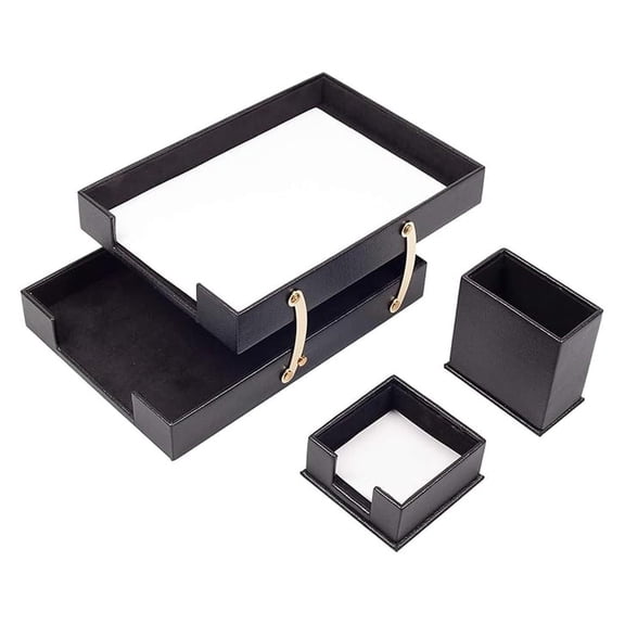 Bonded Set Luxury Leather Desk Pad & Desk Organization Desk Organizer Leather Desk Organizer (Black - 3 Pieces)
