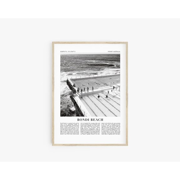 Bondi Beach Australia Travel Poster Black and White City Art Coordinate Decoration, Unframed Paper Poster 8x10in