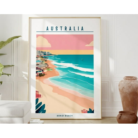 Bondi Beach Travel Print, Pink Travel Poster, Maximalist Wall Art, Australia Poster, Preppy Travel Poster, Dorm Decor Wall Art, Modern Wall Decor, 8x12 UNFRAMED