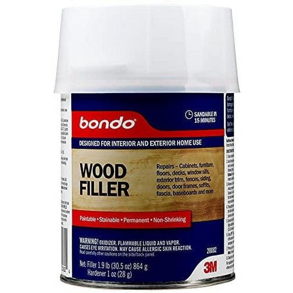3M Bondo Wood Filler 30 fl oz, High-Performance Two-Part Formula for Interior and Exterior Wood Repairs, Fast-Curing, Paintable, Stainable