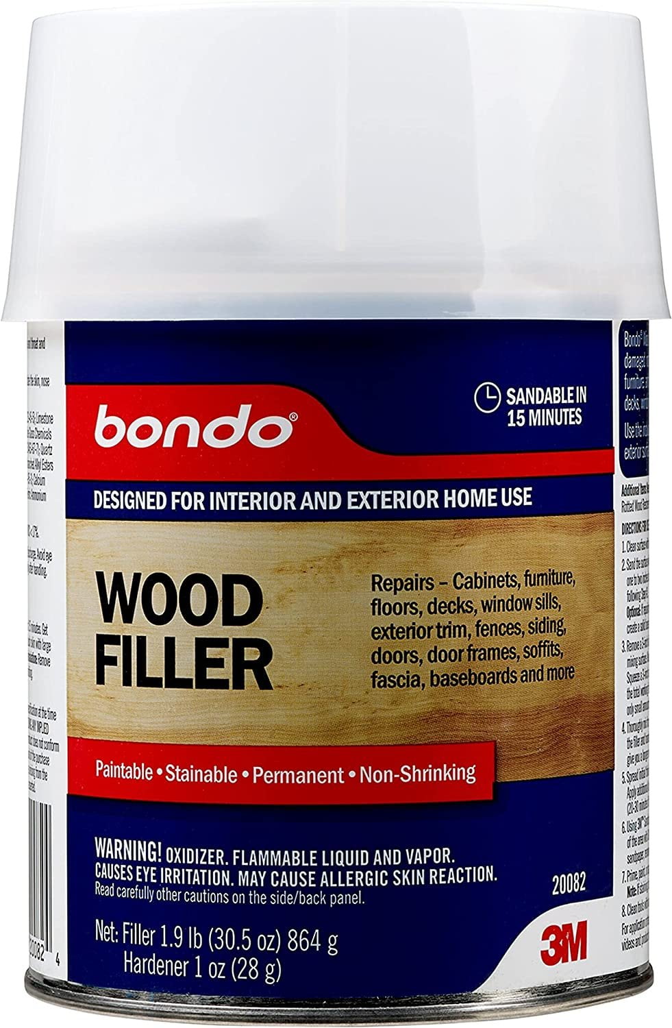 Bondo Home Solutions Wood Filler, Sandable in 15 min, 1.9 lbs with 1 oz Hardener