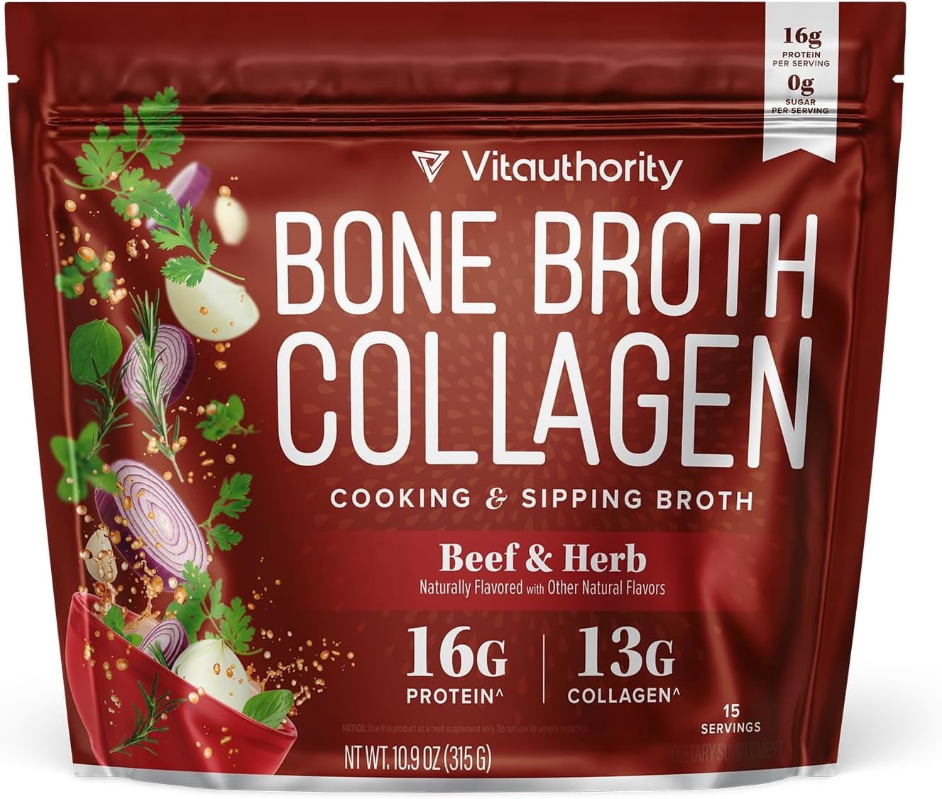 Bone Broth Collagen Powder 16g Collagen Protein per Serving Supports Joints Skin Nails & Gut Health Made from Real Beef Bone Broth Savory Collagen for Hot Water Soups & Stews Beef Flavored 15 Serv