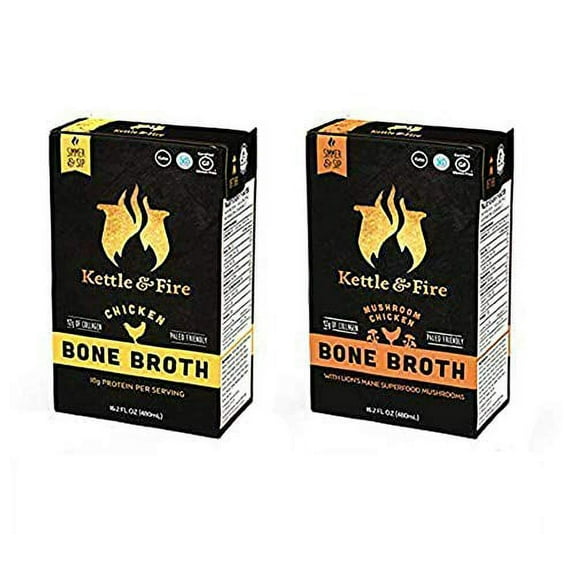Bone Broth Variety Pack, Mushroom Chicken and Chicken by Kettle and Fire, Keto Diet, Paleo Friendly, Whole 30 Approved, Gluten Free, with Collagen, 10g of protein, 16.2 fl oz (Pack of 2)
